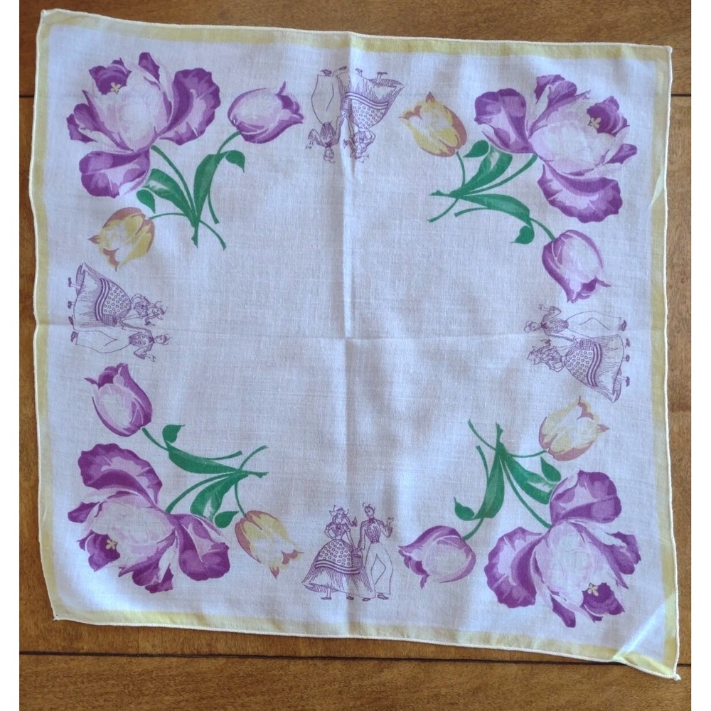 Vtg Hankie tulips dutch couple purple yellow green 13" x 13"